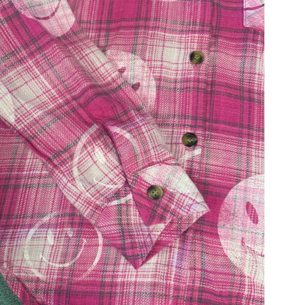 Justice Girls Pink Plaid Smiley Face Flannel Button Down Shirt Size S 7/8 - Picture 7 of 8